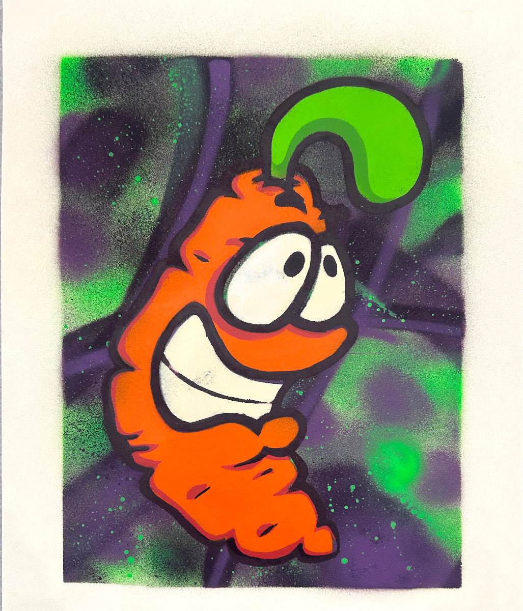 Edition d art street art à l'aérosol sur papier violet et orange par CAROTTE, 40 x 50 cm
