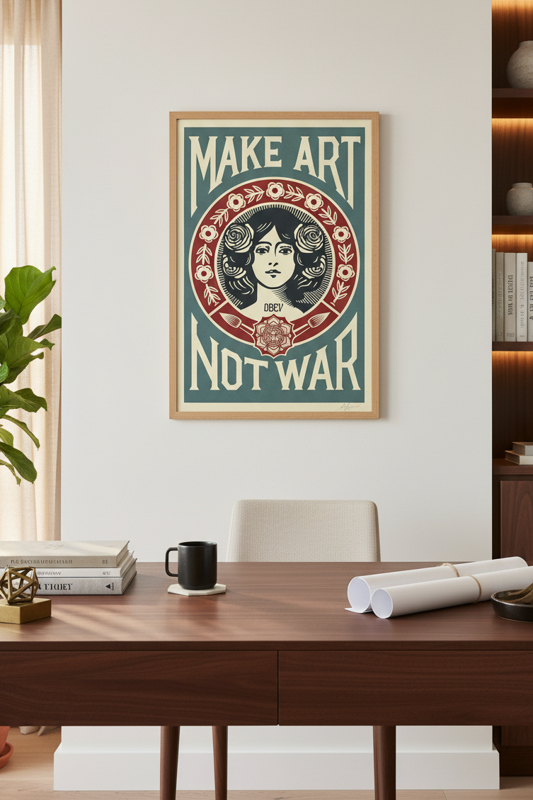 Edition d art Make Art not War Bleu de OBEY : SHEPARD FAIREY dans un intérieur – 61 × 92 cm