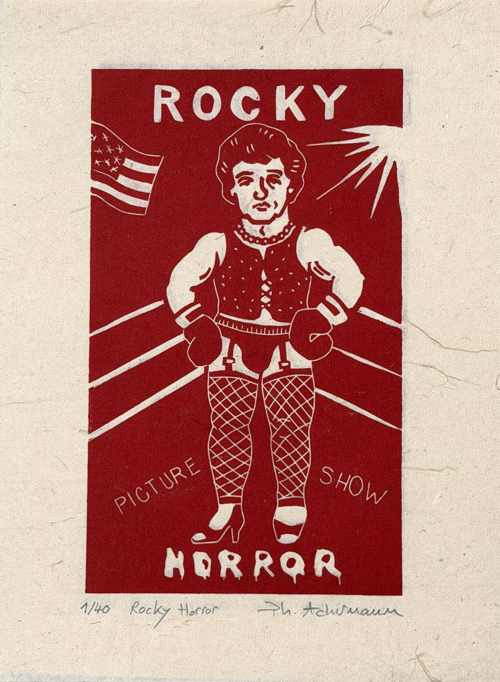 edition d art linogravure Rocky Horror de Philippe Achermann, petit format rouge 18 x 24 cm
