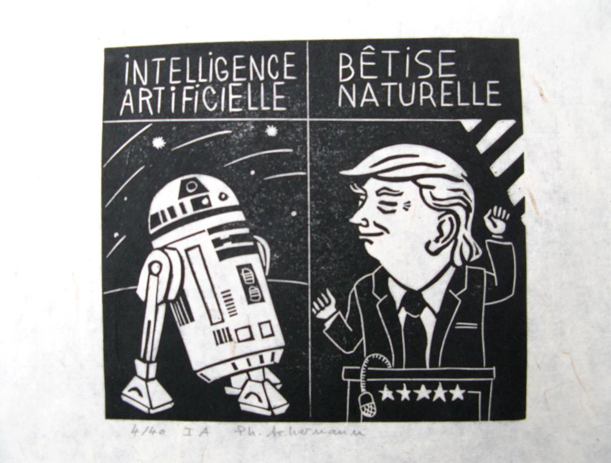 edition d art linogravure IA de Philippe Achermann, petit format 24 x 18 cm, humour et personnage célèbre