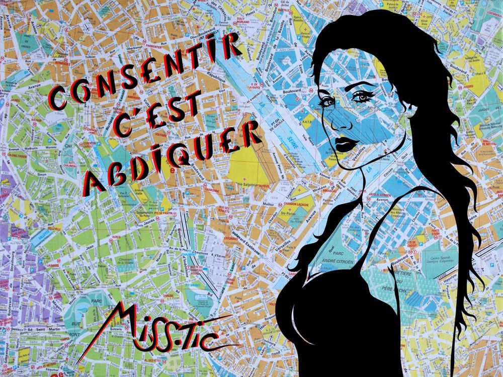 Estampe figuratif moyen format bleu et rose CONSENTIR C EST ABDIQUER – MISS TIC – 65 × 50 cm