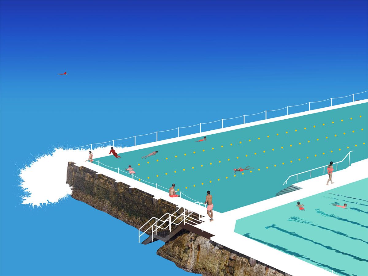 Estampe figuratif petit format bleu LA PISCINE DE BONDI BEACH – GILLES INVERNIZZI – 30 × 40 cm