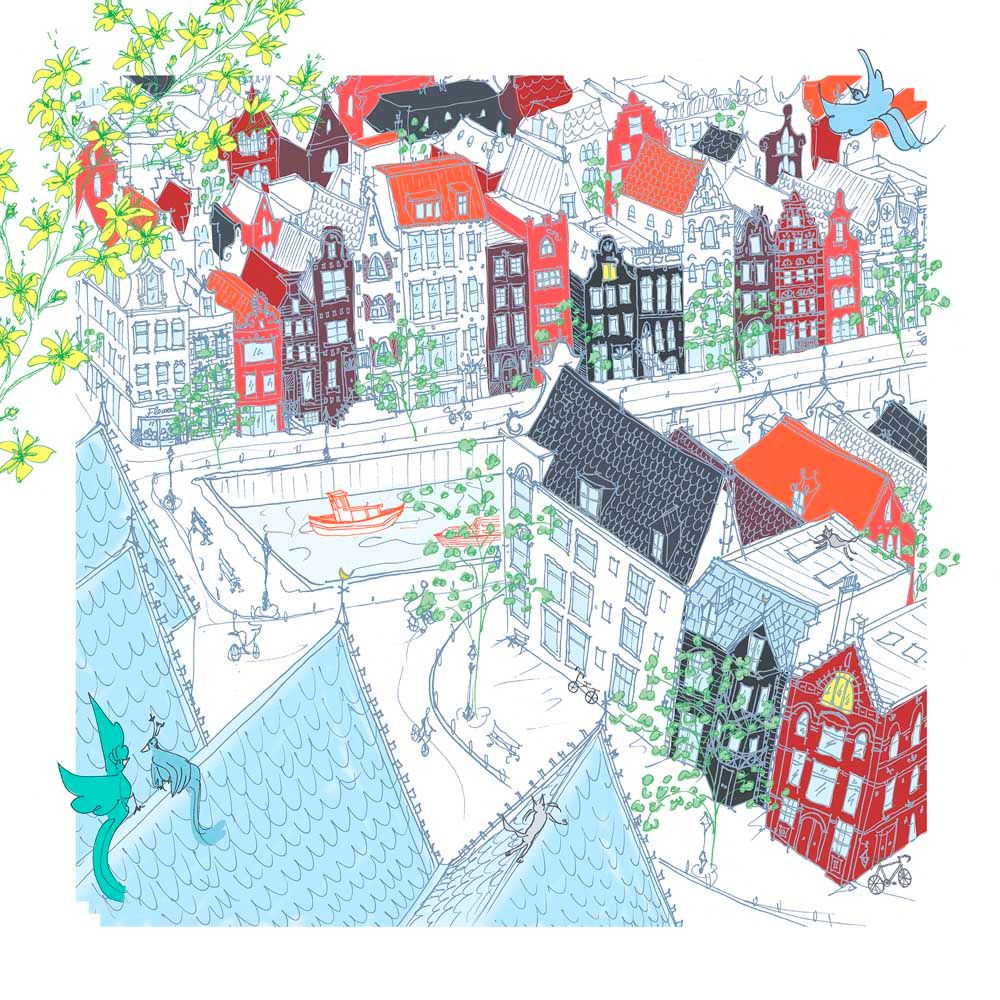 Estampe figuratif petit format bleu Une journée Amsterdam – JULIE ZEITLINE – 20 × 20 cm