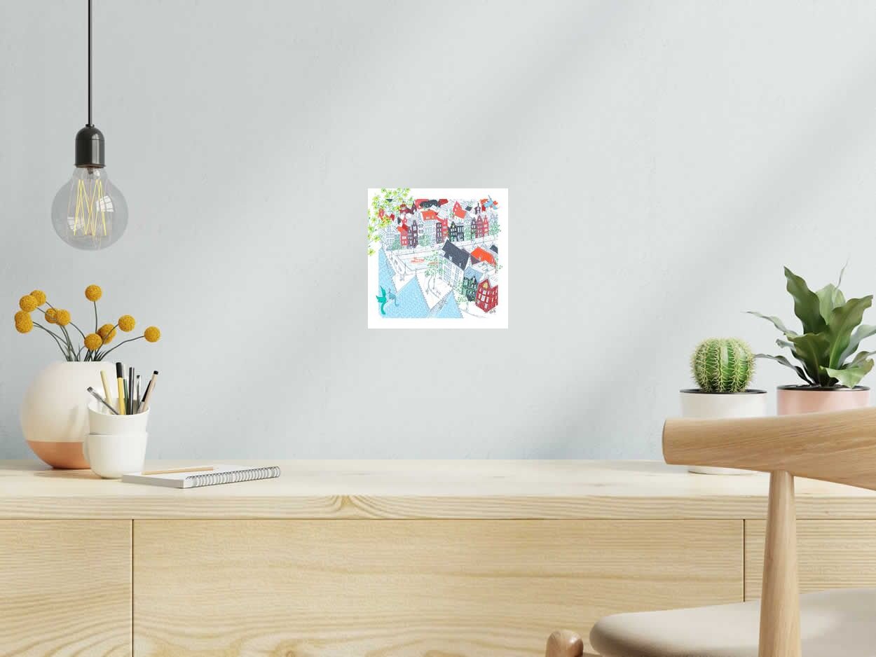 Estampe Une journée Amsterdam de JULIE ZEITLINE dans un intérieur – 20 × 20 cm