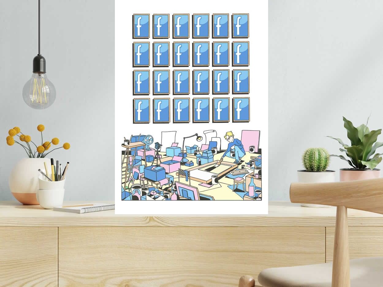 Estampe 24 Heures Facebook de Mark Temlett dans un intérieur – 50 × 70 cm