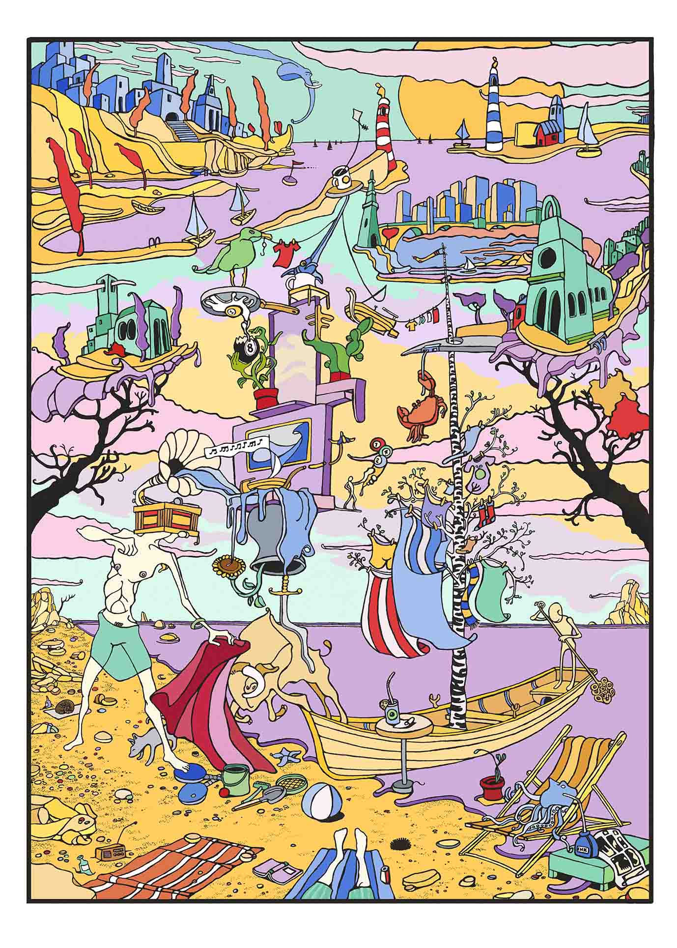 Estampe graphique moyen format rose et violet Paysages sur la Plage – Mark Temlett – 50 × 70 cm