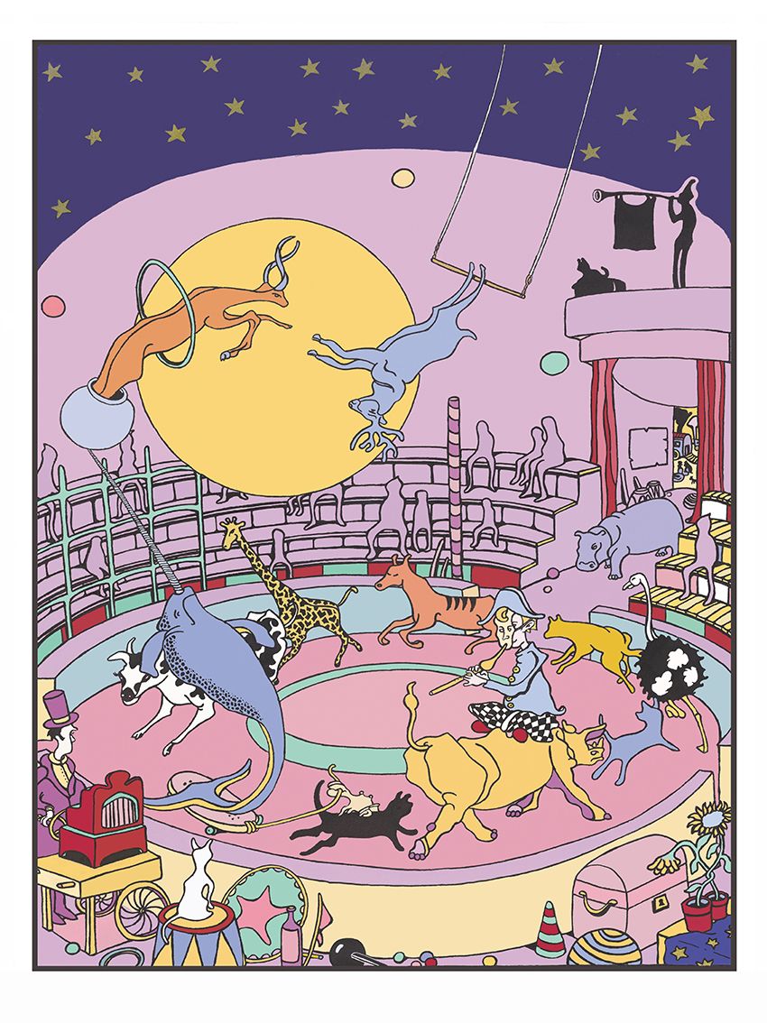 Estampe graphique petit format bleu et jaune Cirque – Mark Temlett – 30 × 40 cm