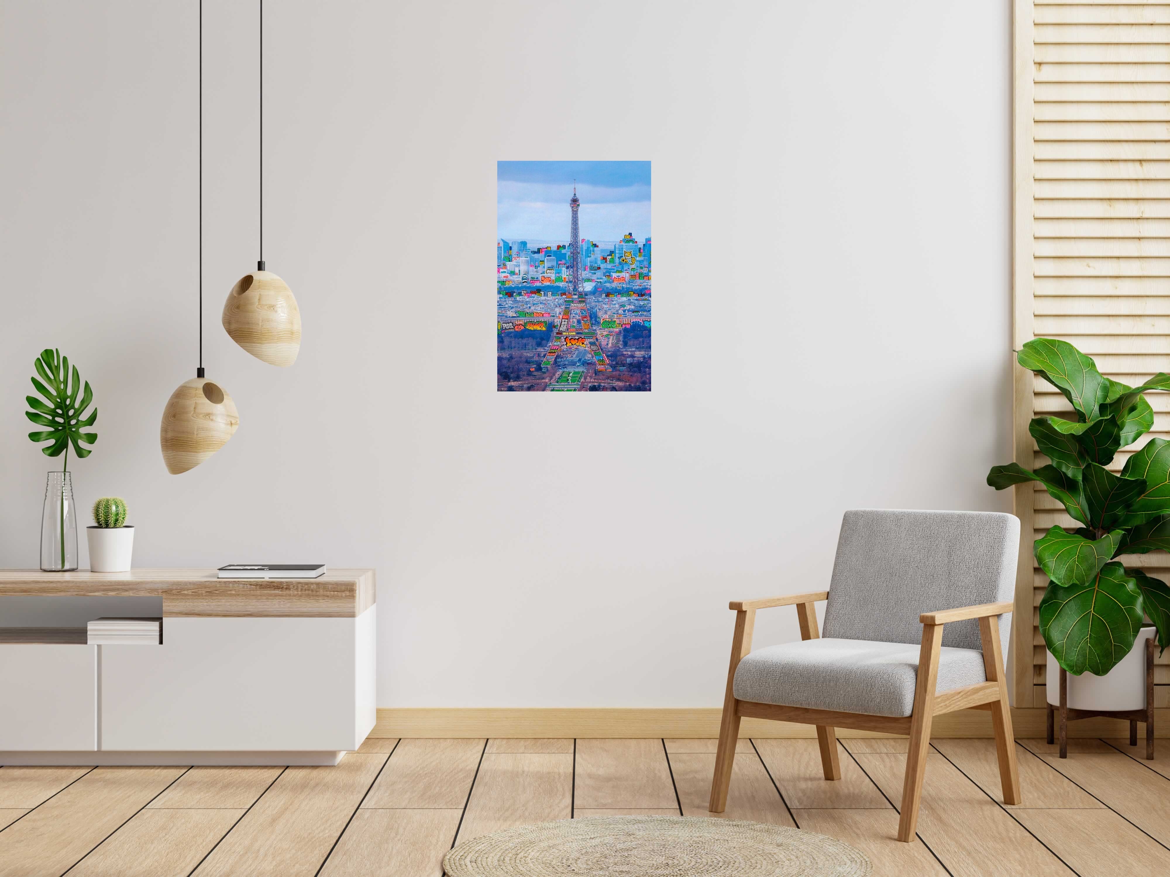 Estampe Paris panoramique bleu de BLACH dans un intérieur – 60 × 90 cm