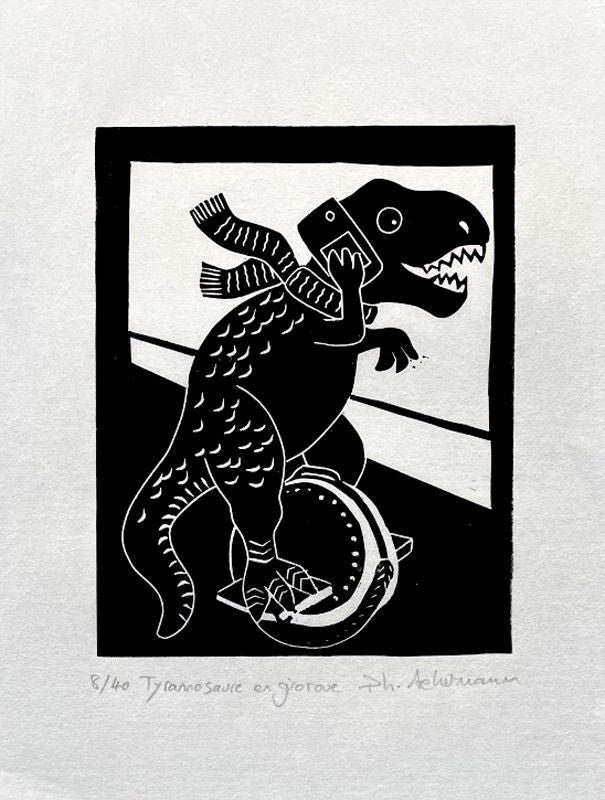 Editions d'art de PHILIPPE ACHERMANN a pour titre TYRANNOSAURUS EN GYROROUE style figuratif, graphique dim : PHILIPPE ACHERMANNprix:40
