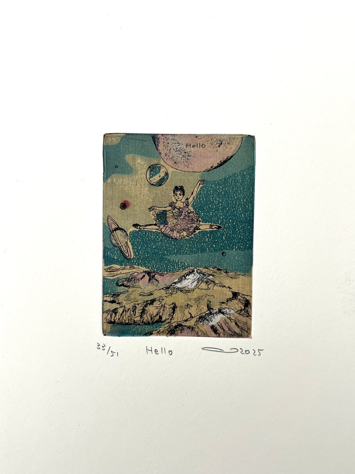 Gravure danse petit format ocre et vert hello – ATSUKO ISHII – 21 × 15 cm