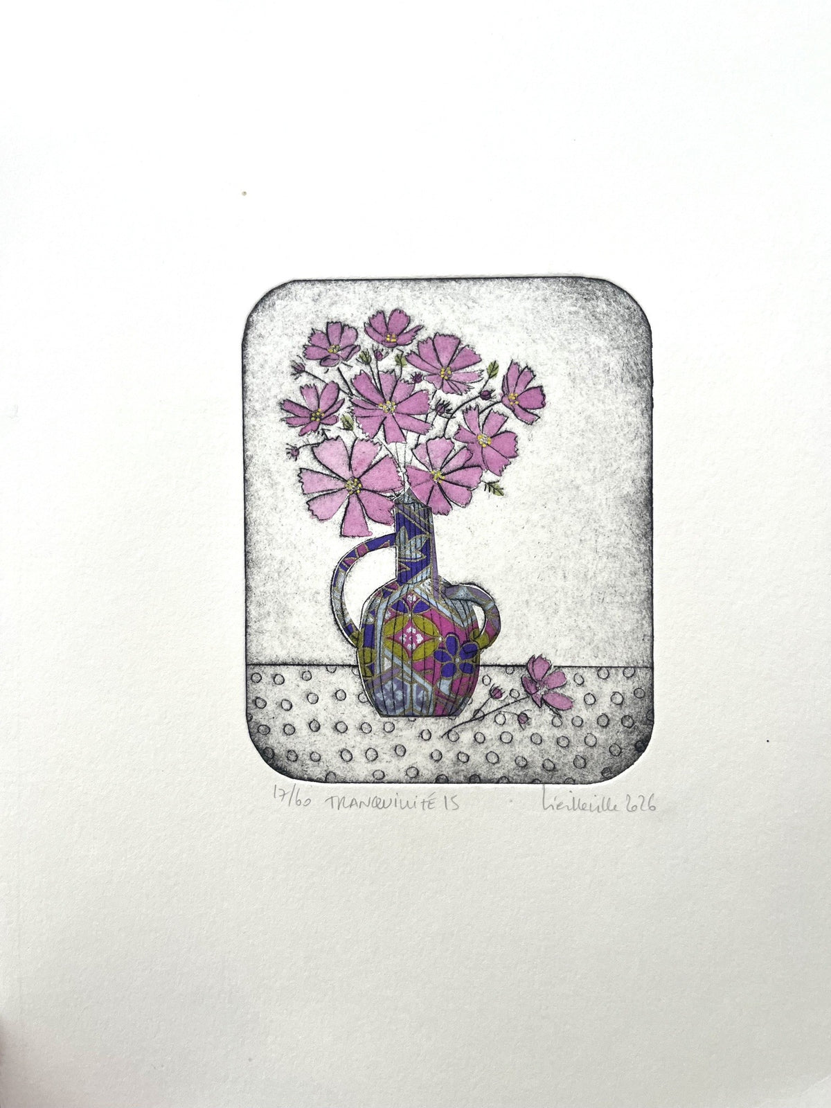 Gravure fleur petit format rose Tranquilité 15 - 17/60 – NAVIEILLEVILLE – 27 × 18 cm
