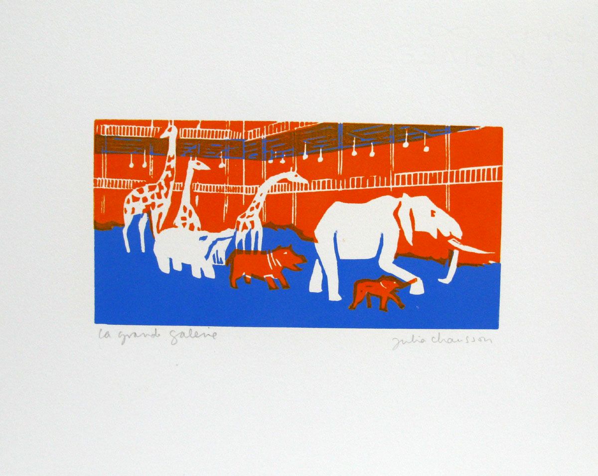 Dessin de JULIA CHAUSSON a pour titre LA GRANDE GALERIE ORANGE ET BLEU style figuratif dim : JULIA CHAUSSONprix: