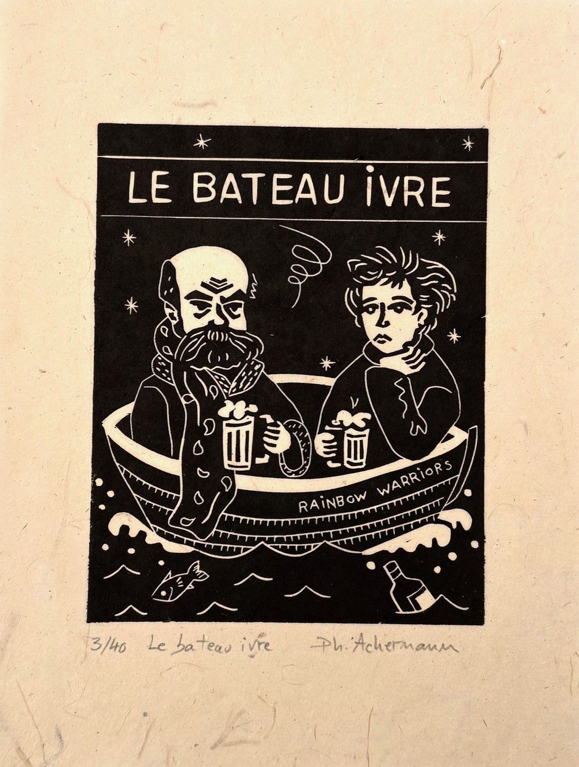Editions d'art de PHILIPPE ACHERMANN a pour titre Le bateau ivre style figuratif, graphique dim : PHILIPPE ACHERMANNprix:40