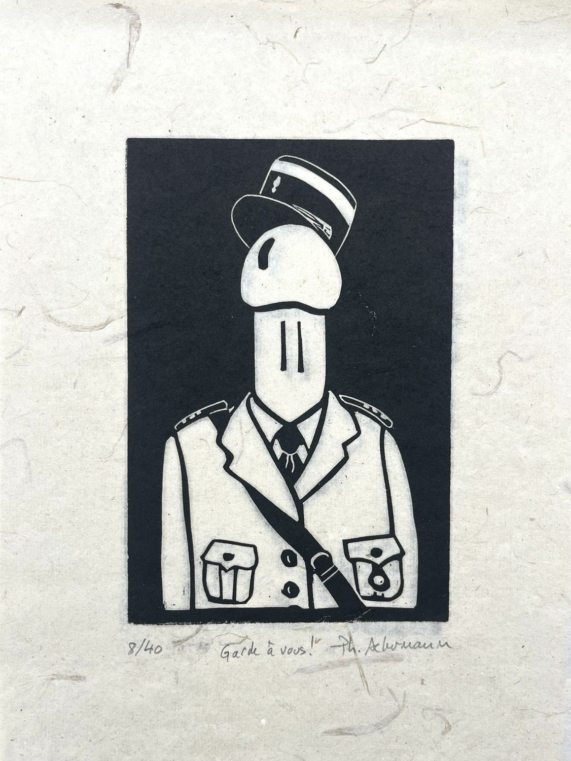 Linogravure figuratif petit format noir Garde à vous – PHILIPPE ACHERMANN – 24 × 18 cm