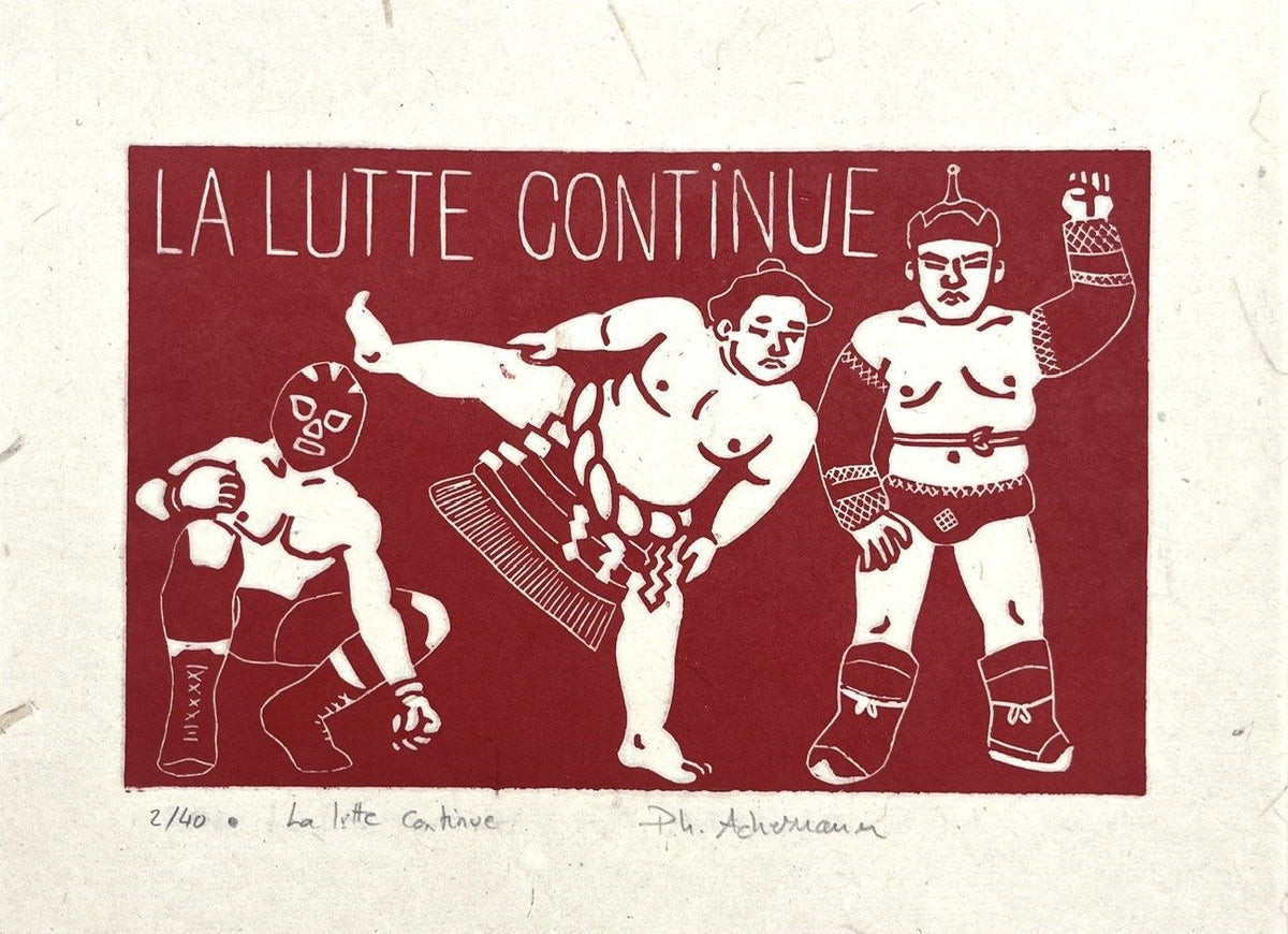 Linogravure figuratif petit format noir La lutte continue – PHILIPPE ACHERMANN – 24 × 18 cm