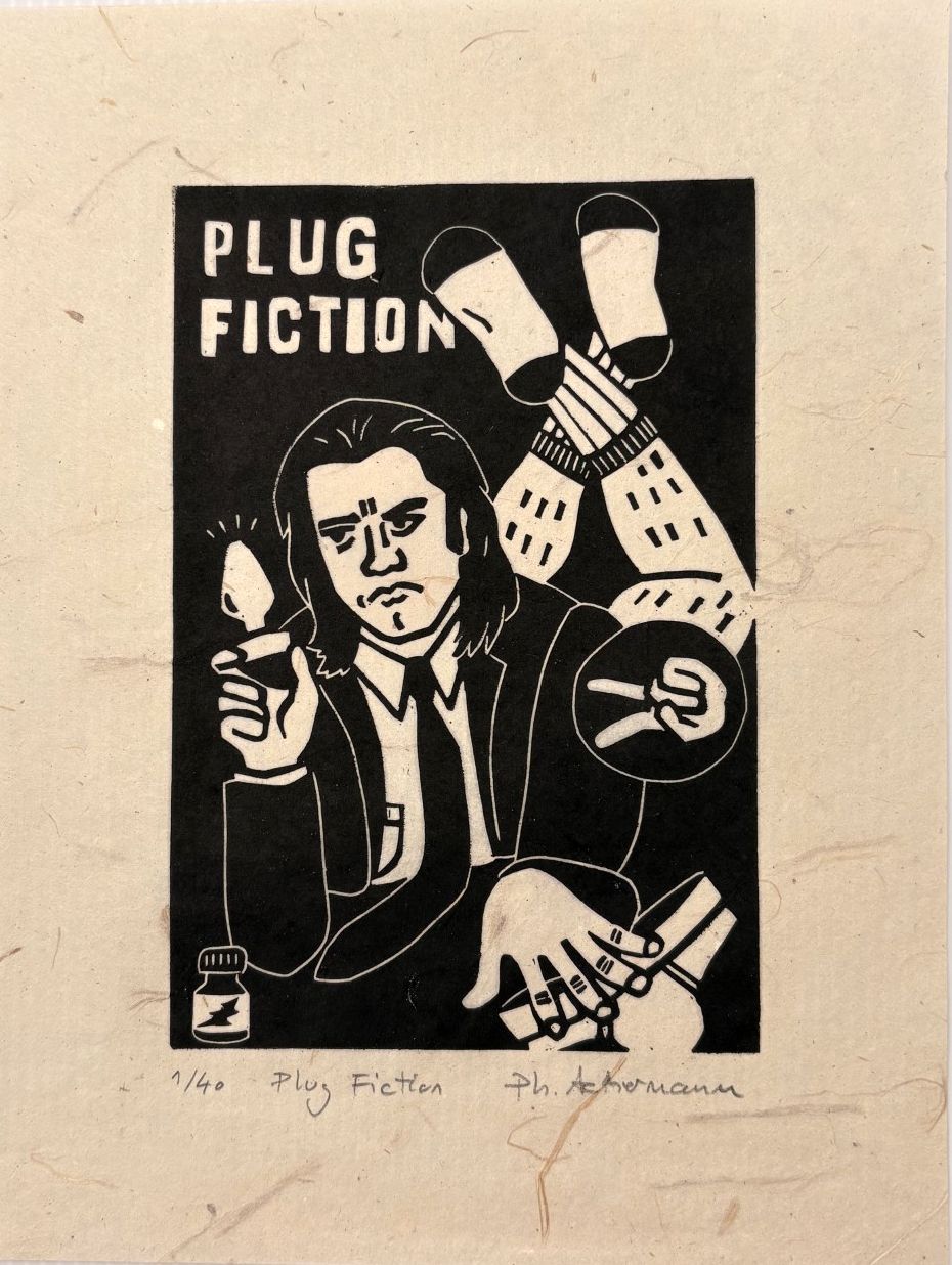 Linogravure figuratif petit format noir plug fiction – PHILIPPE ACHERMANN – 24 × 18 cm