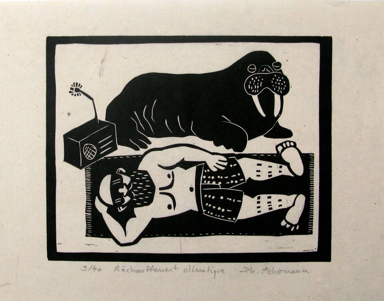 Linogravure figuratif petit format noir rechauffement climatique – PHILIPPE ACHERMANN – 18 × 24 cm