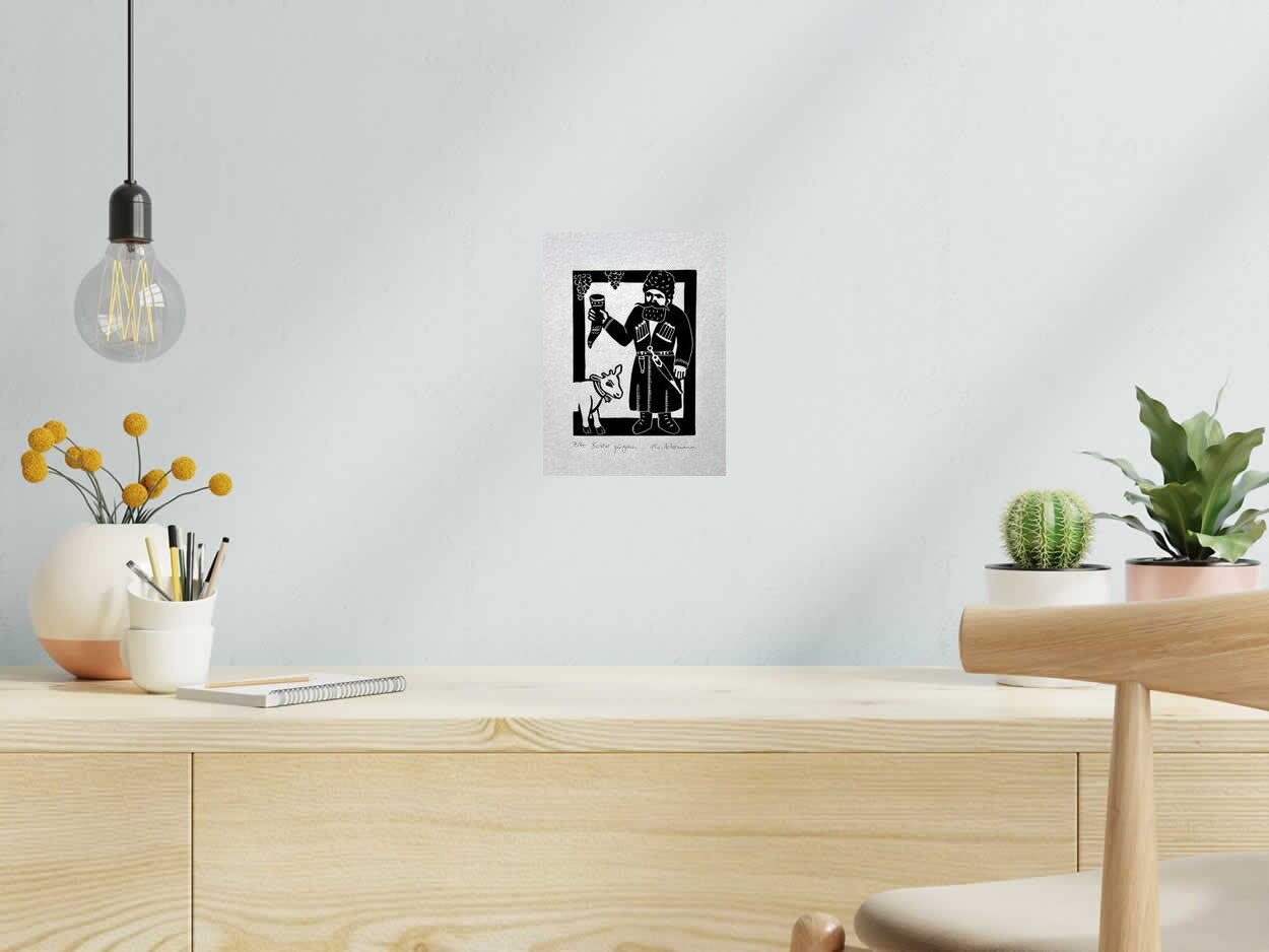 Linogravure BUVEUR GEORGIEN de PHILIPPE ACHERMANN dans un intérieur – 18 × 24 cm