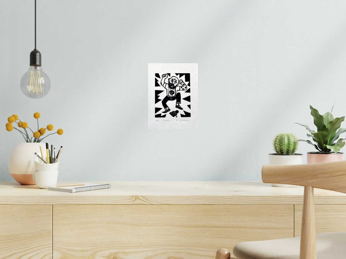 Linogravure HIPSTERIC de PHILIPPE ACHERMANN dans un intérieur – 18 × 24 cm