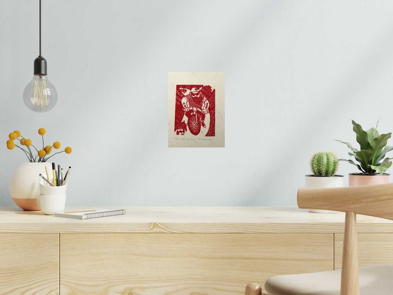 Linogravure LE FEU AUX FESSES de PHILIPPE ACHERMANN dans un intérieur – 18 × 24 cm