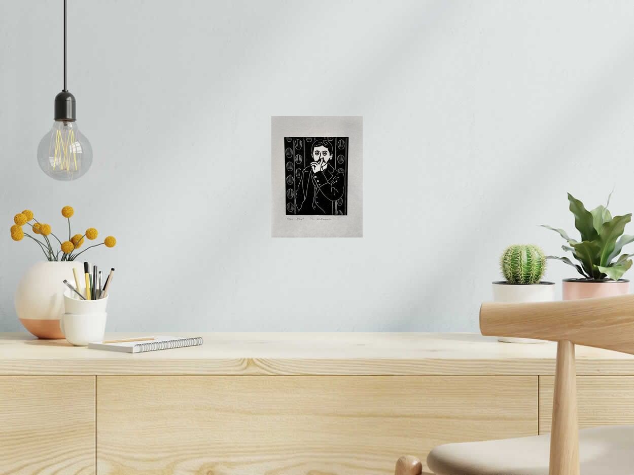 Linogravure PROUST de PHILIPPE ACHERMANN dans un intérieur – 24 × 18 cm