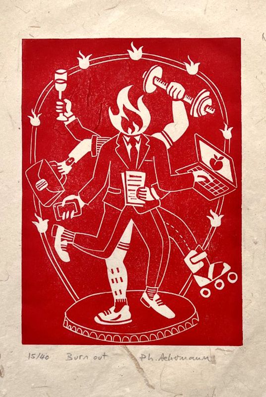 Linogravure figuratif petit format rouge BURN OUT – PHILIPPE ACHERMANN – 20 × 30 cm