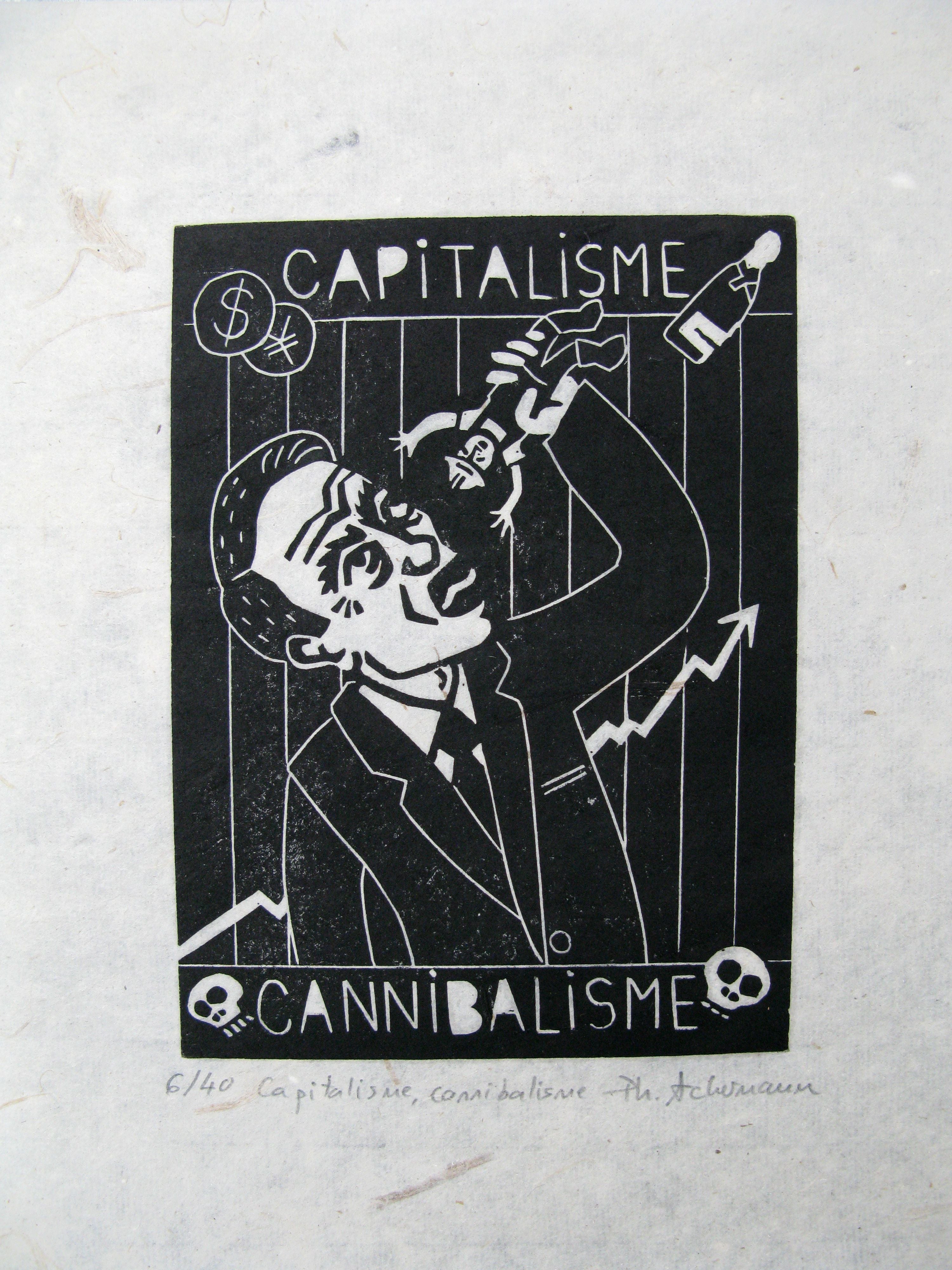Linogravure graphique petit format noir Capitalisme Cannibalisme – PHILIPPE ACHERMANN – 24 × 18 cm