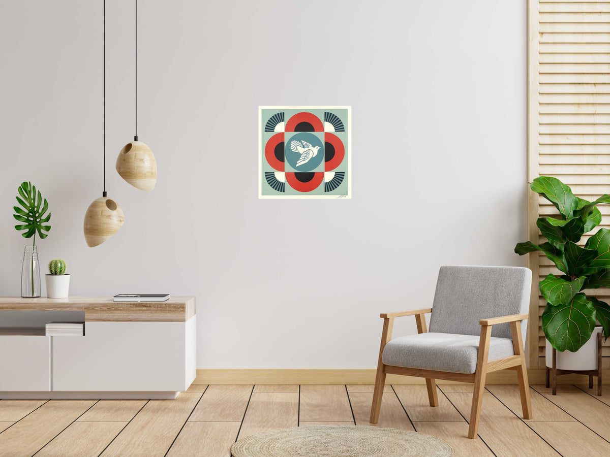 Lithographie COLOMBE GÉOMÉTRIQUE -RED de OBEY : SHEPARD FAIREY dans un intérieur – 61 × 61 cm