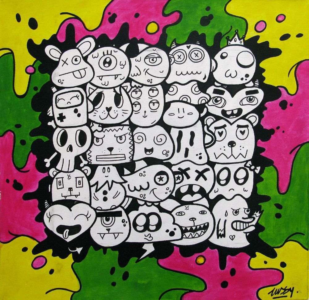 Tableau de LUSSY a pour titre multi kawaï vert style graffiti, street pop art dim : LUSSYprix:180