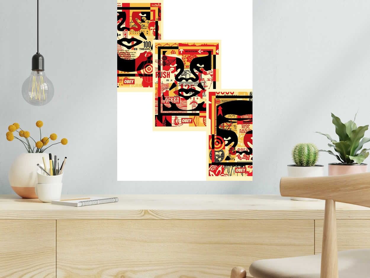 Editions d'art de OBEY : SHEPARD FAIREY a pour titre OBEY 3-FACE COLLAGE style street pop art dim : OBEY : SHEPARD FAIREY prix:130