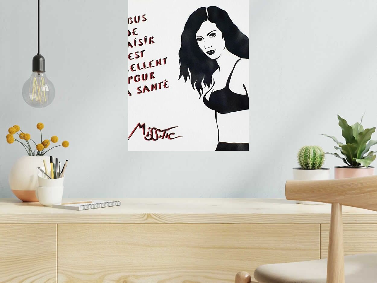 Editions d'art de MISS TIC a pour titre L'ABUS DE PLAISIR EST EXCELLENT POUR LA SANTÉ (aérosol) style figuratif dim : MISS TICprix:5000