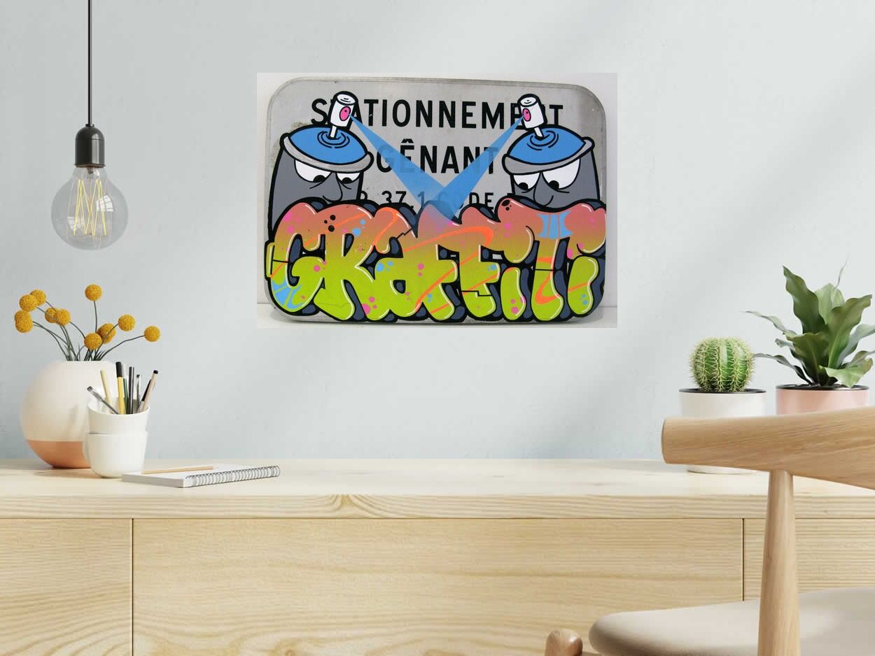 Tableau de KENY a pour titre Duel de spray style graffiti, street art dim : KENYprix:400