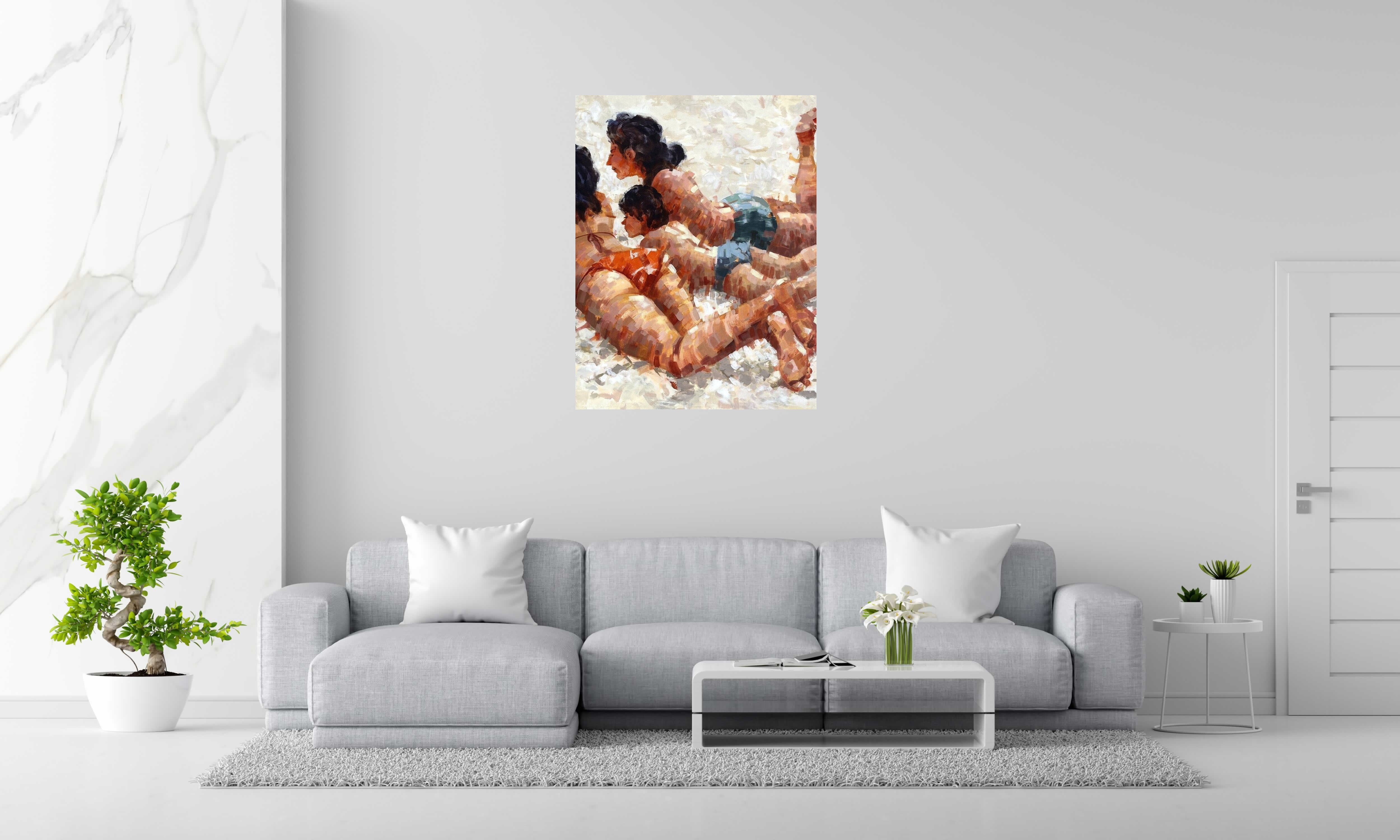 Tableau de HEATON RUDYARD a pour titre TRIO SUR LE SABLE style figuratif dim : HEATON RUDYARDprix:1500