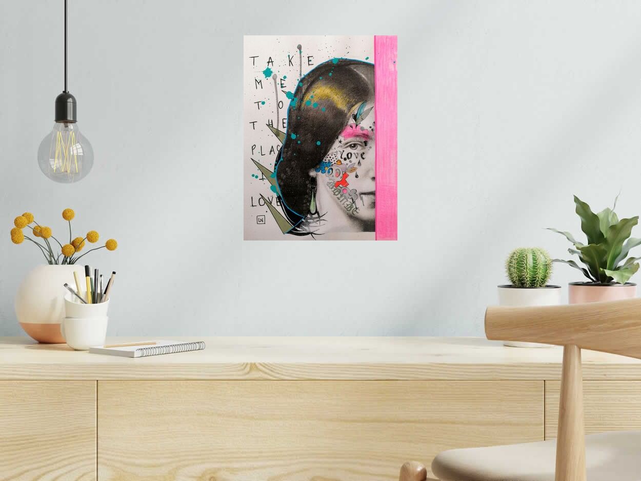 Dessin de LN LE PAPE a pour titre TAKE ME TO THE PLACE I LOVE style street pop art dim : LN LE PAPEprix:160