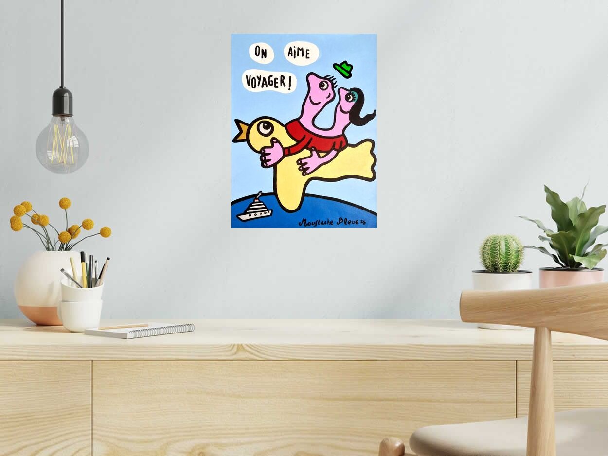 Dessin de MOUSTACHE BLEUE a pour titre On aime voyager ! style figuratif dim : MOUSTACHE BLEUEprix:70