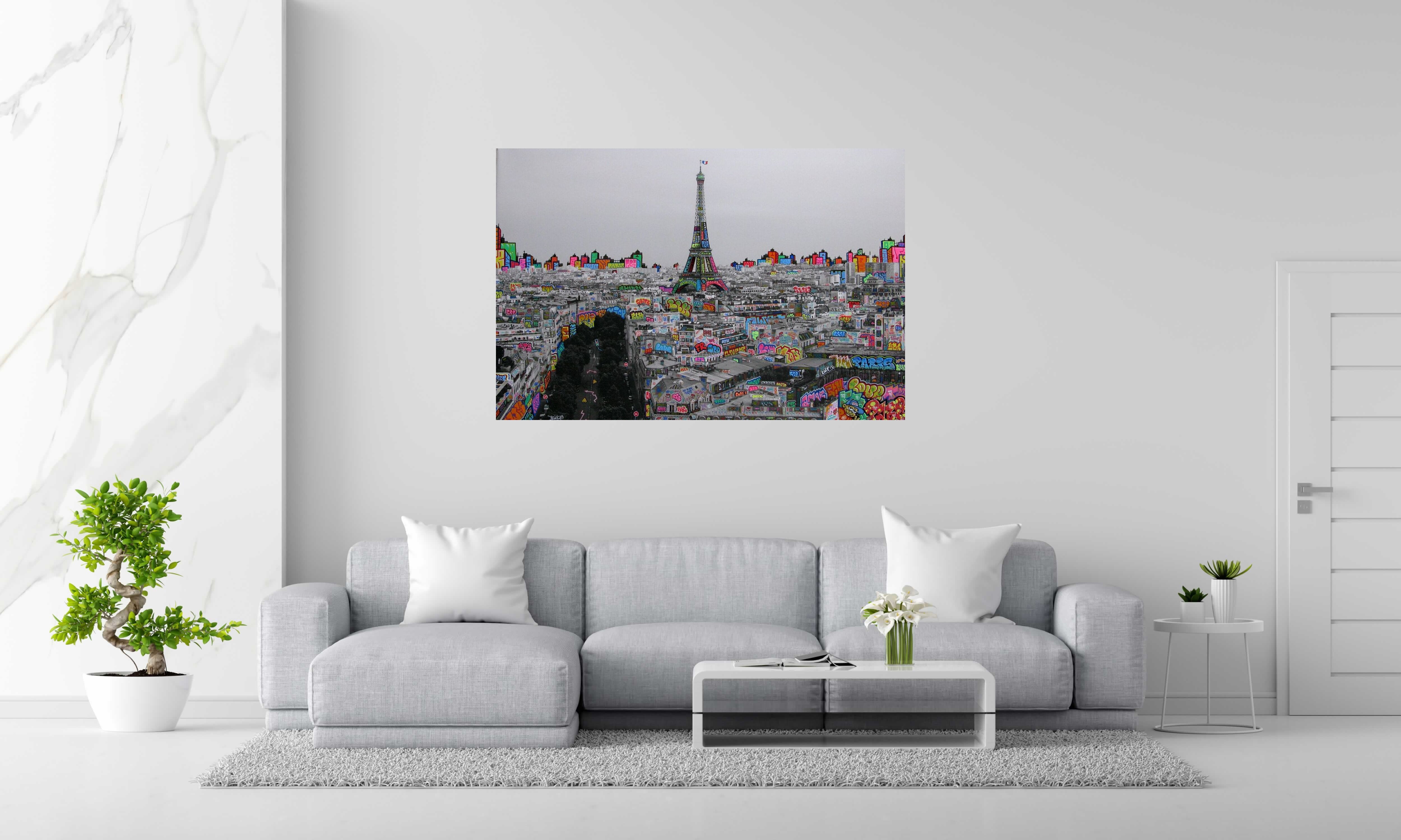 Editions d'art de BLACH a pour titre Paris panoramique en noir et blanc style graffiti, street pop art dim : BLACHprix:1500