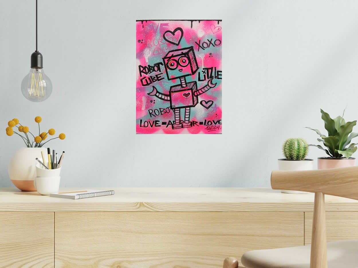 Tableau de LUSSY a pour titre love robbbot style graffiti, street pop art dim : LUSSYprix:110