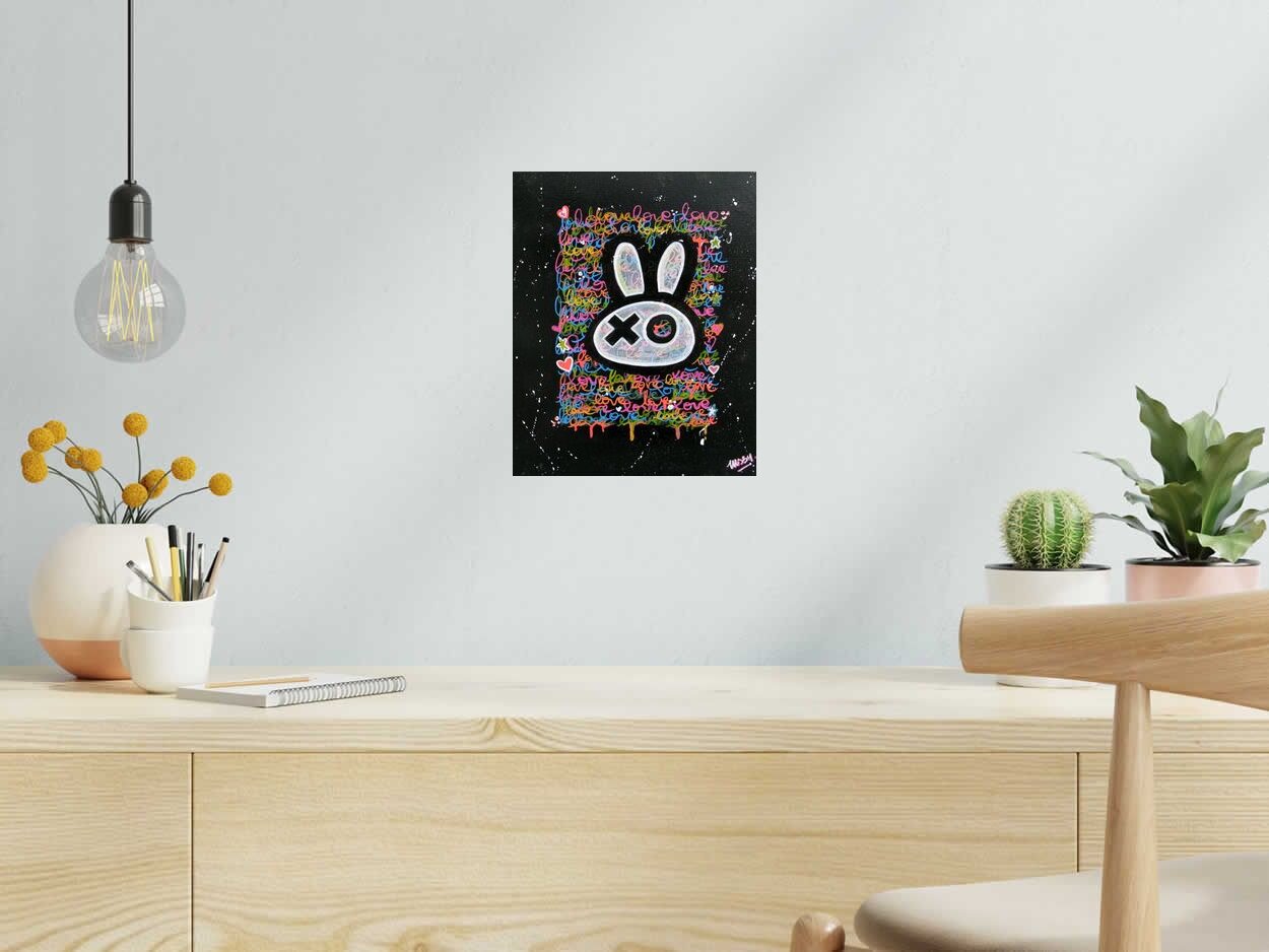 Tableau de LUSSY a pour titre lapin love style graffiti, street pop art dim : LUSSYprix:80