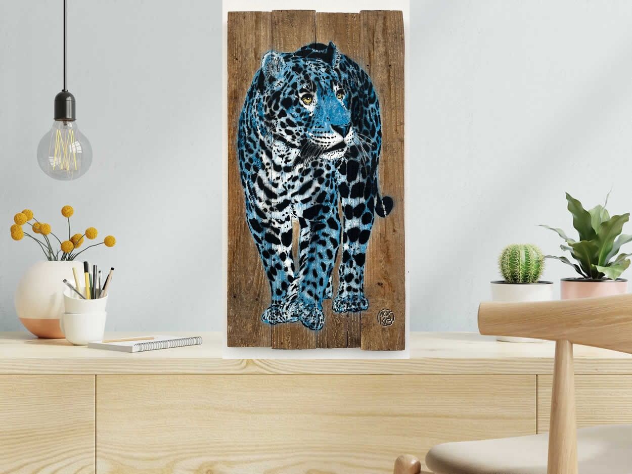 Tableau de MOSKO a pour titre Jaguar bleu face style street art dim : MOSKOprix:1500