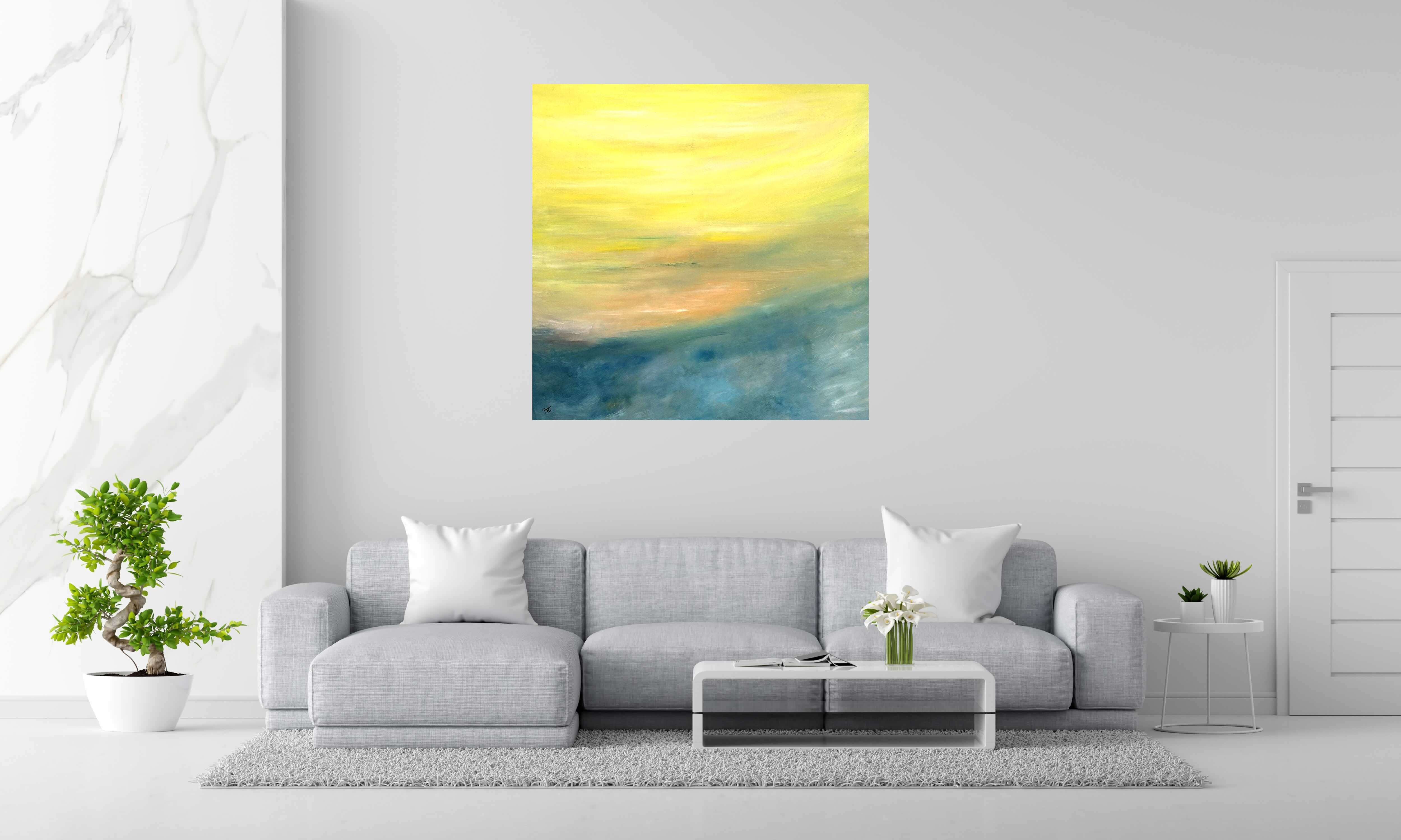 Tableau de PASCALE JACQUEMOND a pour titre Composition Jaune Bleu style abstrait dim : PASCALE JACQUEMONDprix:1100