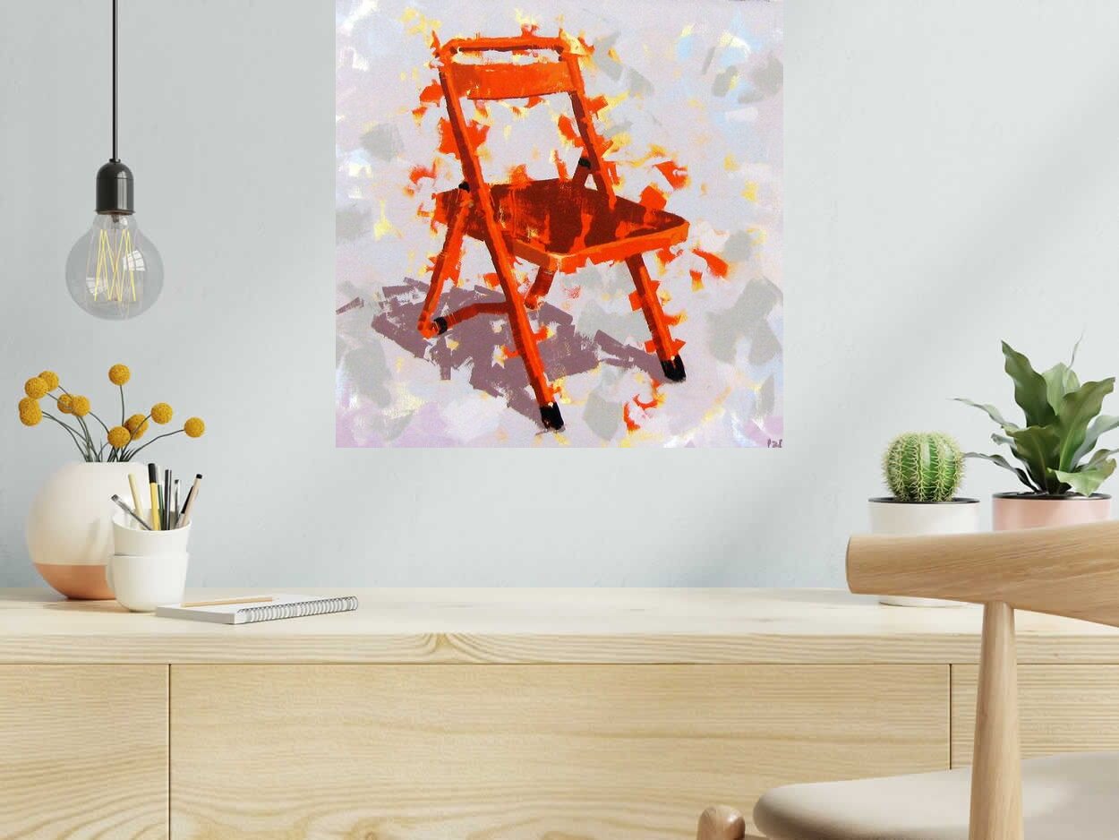 Tableau de HEATON RUDYARD a pour titre CHAISE ORANGE style figuratif dim : HEATON RUDYARDprix:350