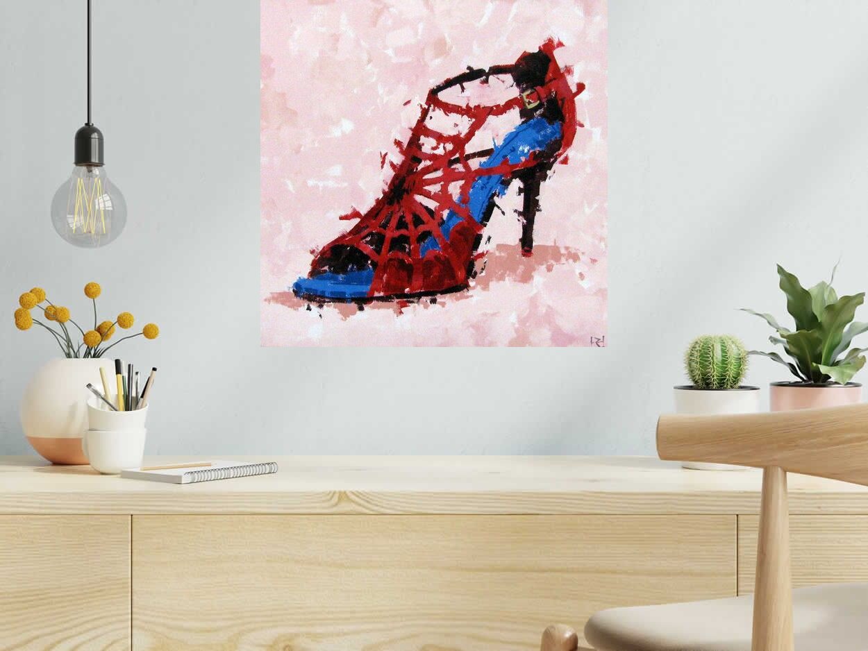Tableau de HEATON RUDYARD a pour titre CHAUSSURE SPIDERWOMAN style figuratif dim : HEATON RUDYARDprix:350