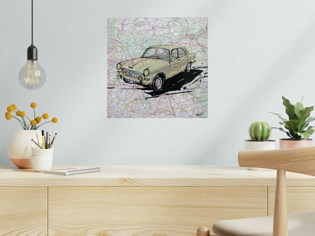 Tableau de CYRIL REGUERRE a pour titre PEUGEOT 404 1960 style figuratif dim : CYRIL REGUERREprix: