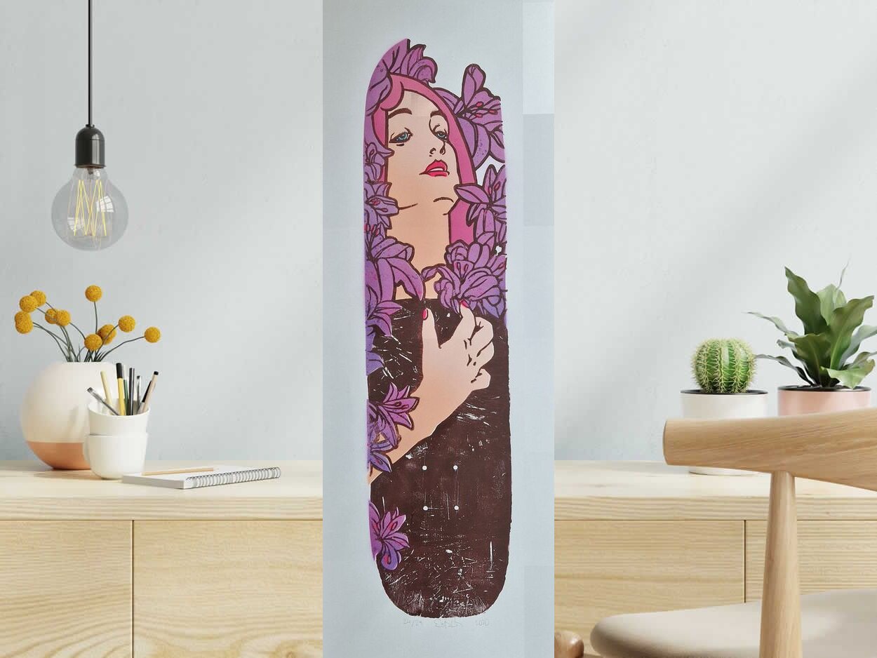 Editions d'art de OSRU a pour titre SKATE/MUCHA VIOLET ET ROSE style figuratif dim : OSRUprix:70