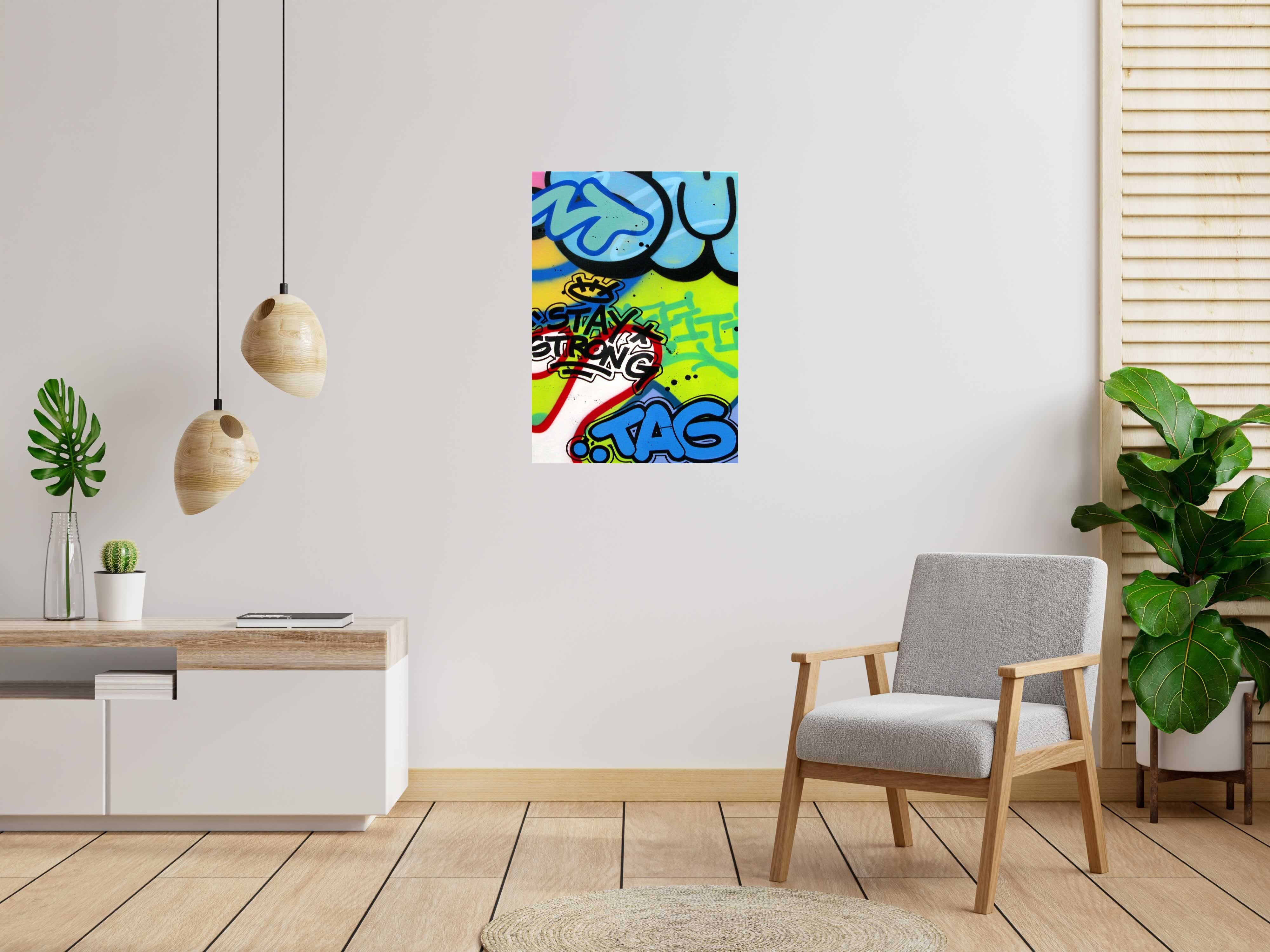 Tableau de KENY a pour titre STAY STRONG style graffiti, street art dim : KENYprix:550