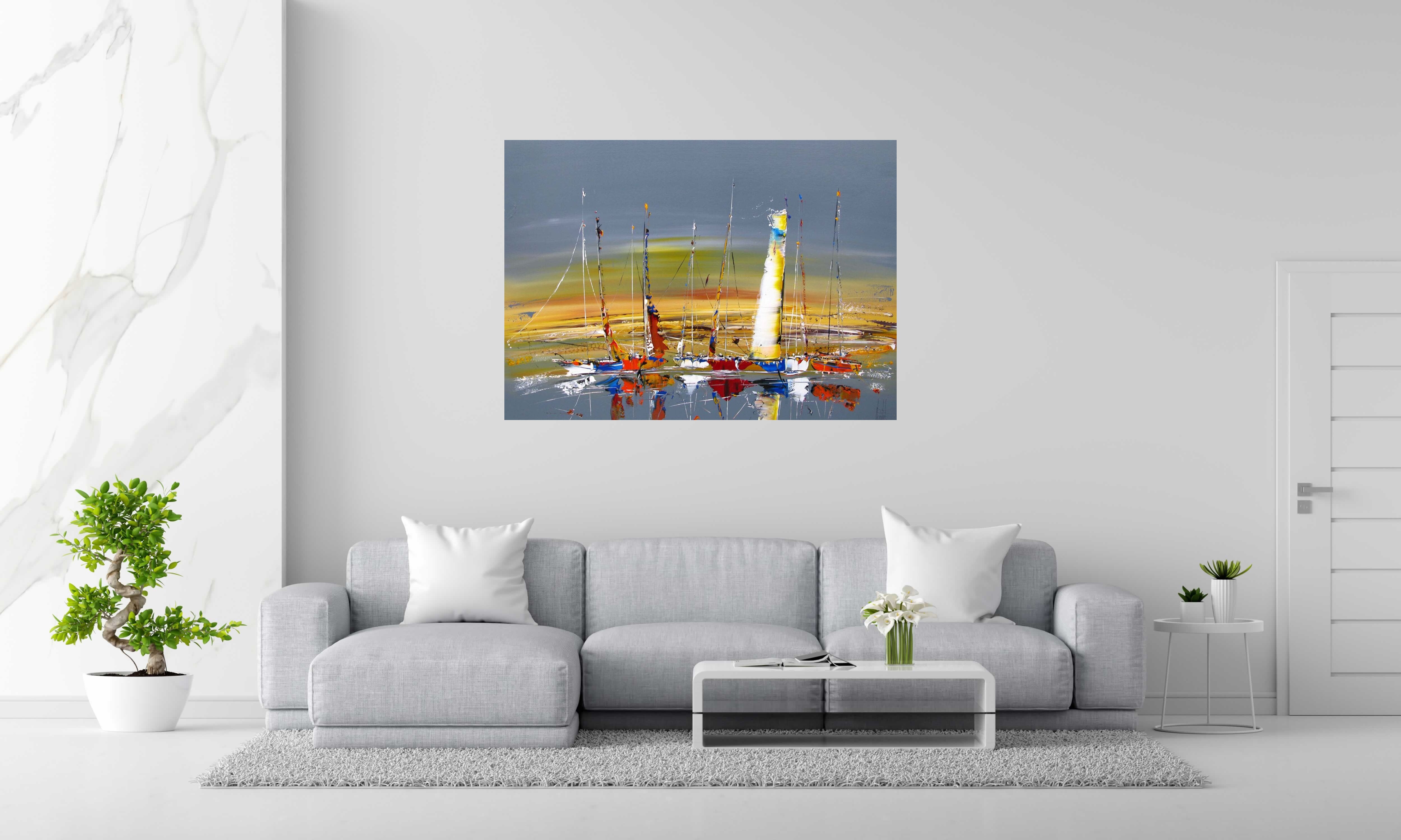 Peinture MARINE ABSTRAITE 2024-58 de F. BOUTET dans un intérieur – 140 × 100 cm
