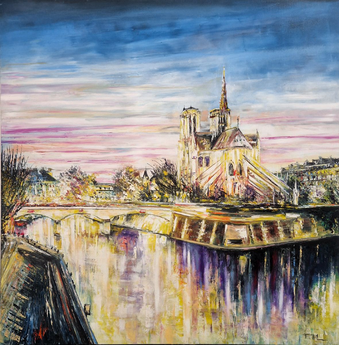 Peinture abstraite format xxl jaune Cathédrale Notre-Dame de Paris – PHIL – 90 × 90 cm