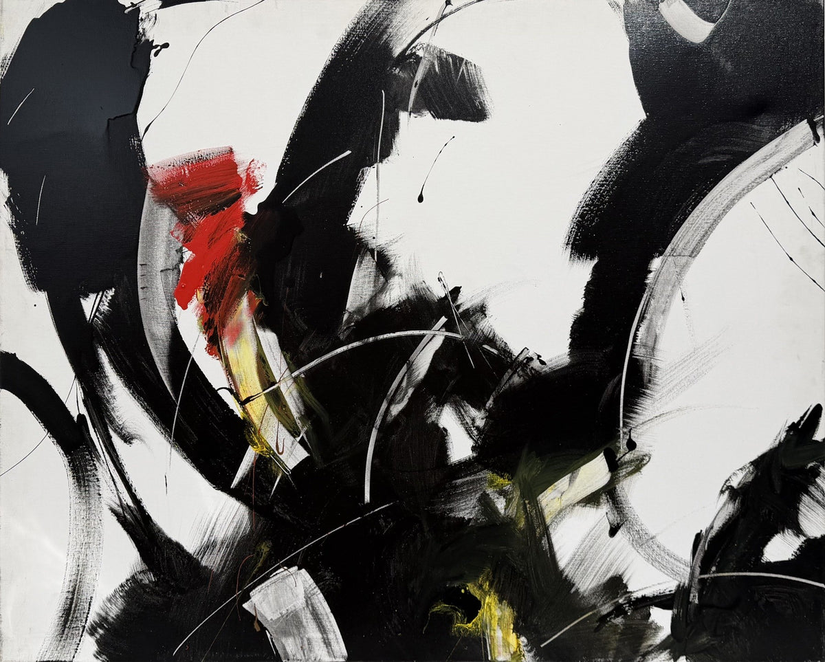 Peinture abstraite acrylique noir et rouge sur toile, grand format, JM Barrois