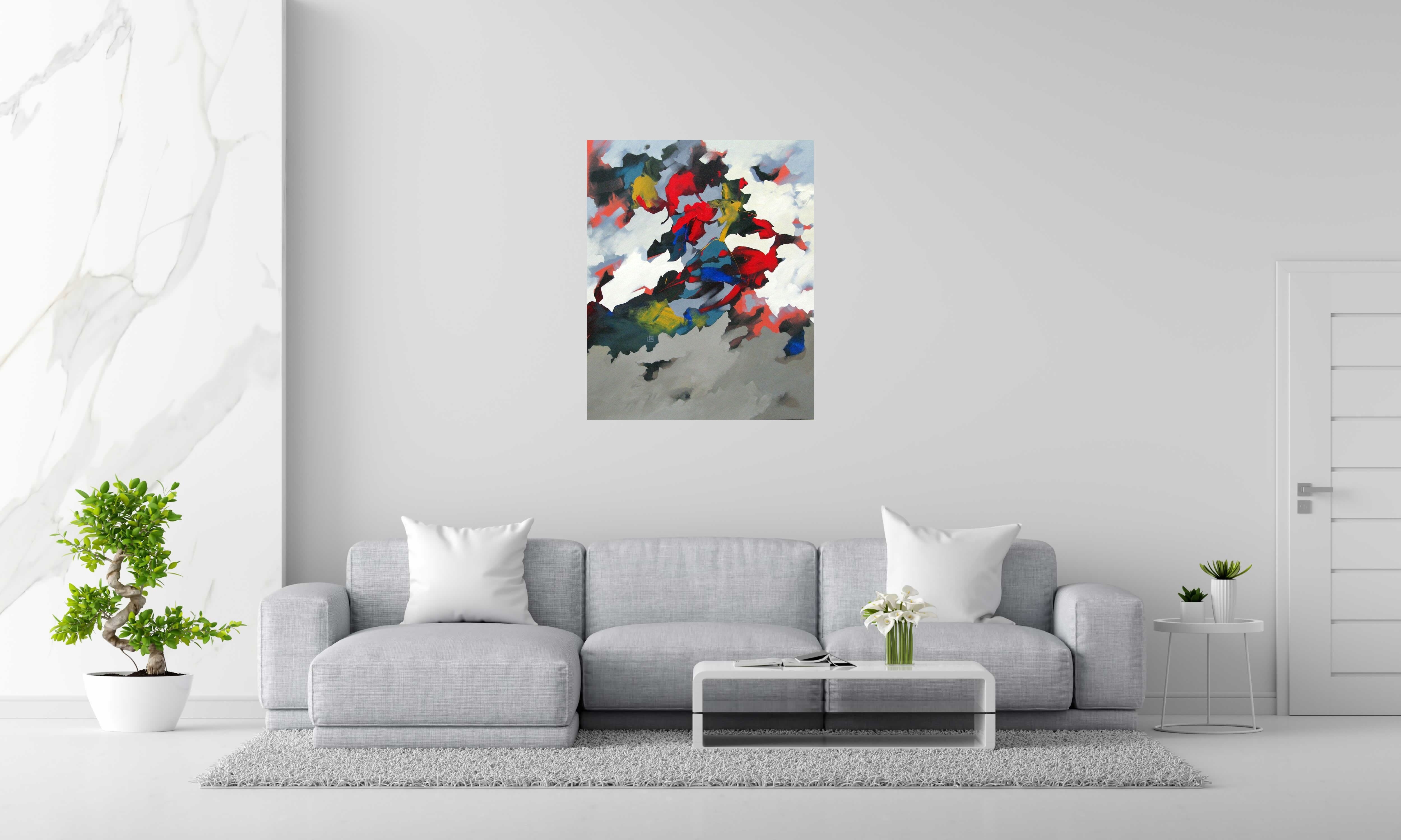 Peinture L'APPEL DE CIMES de BRUNEAU dans un intérieur – 100 × 81 cm