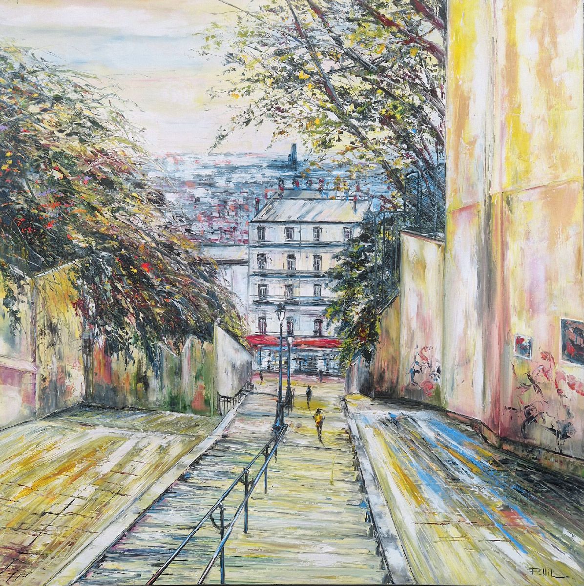 Peinture abstraite grand format jaune et vert Montmartre, Paris – PHIL – 90 × 90 cm